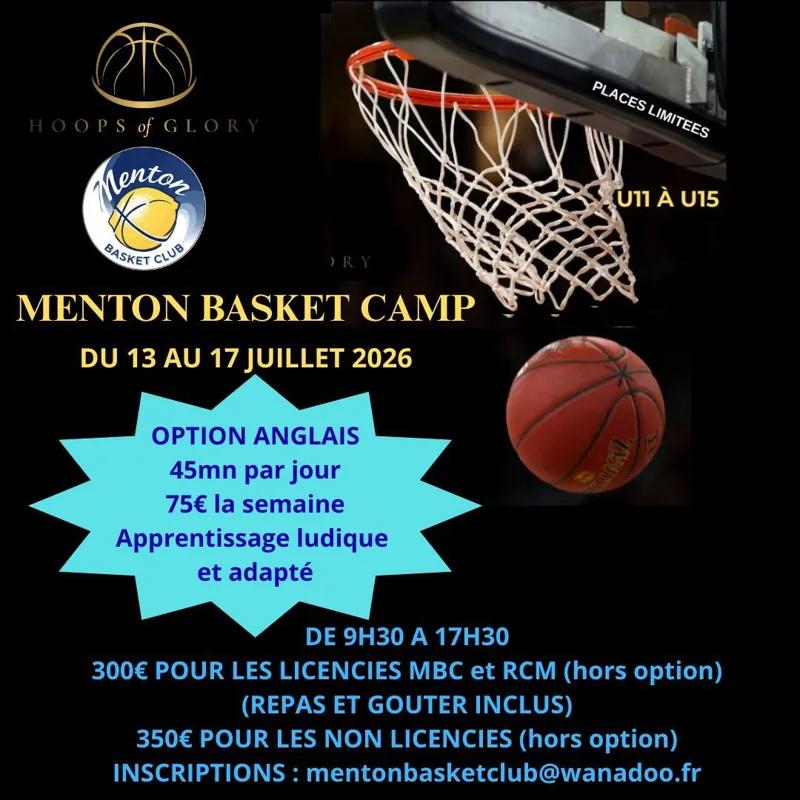 Affiche du Menton Basket Camp U11 à U15, juillet 2026
