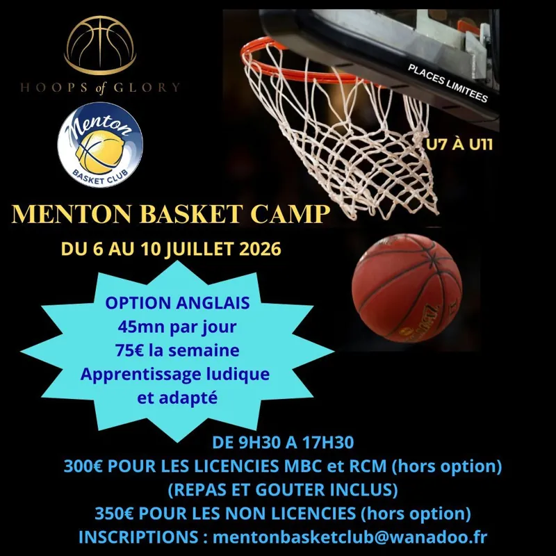 Affiche du Menton Basket Camp U7 à U11, juillet 2026